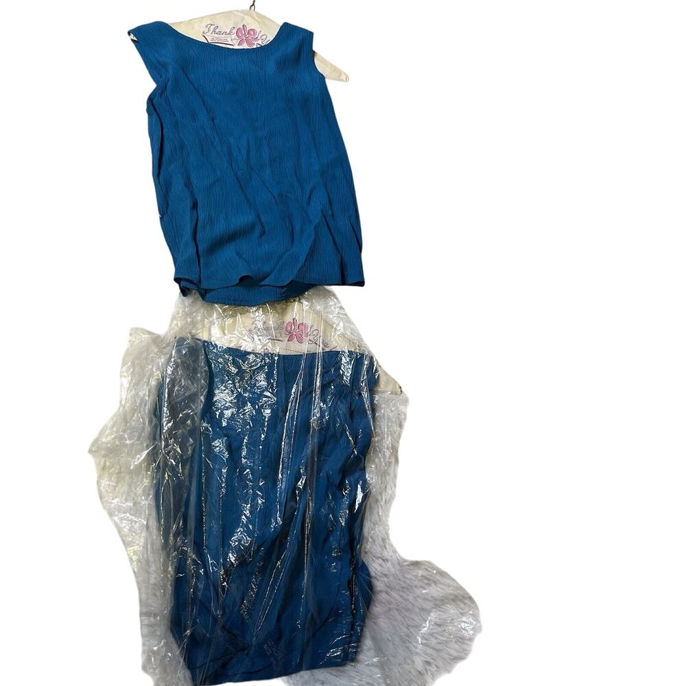 Vintage Cline Kolarek 2 Piece Skirt Set Sleeveless Top Turquoise Blue Med Rayon